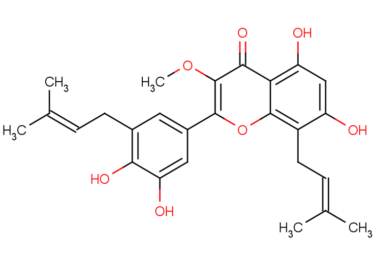 5,7,3',4'-Tetrahydroxy-3-methoxy-8,5'-diprenylflavone Chemical Structure
