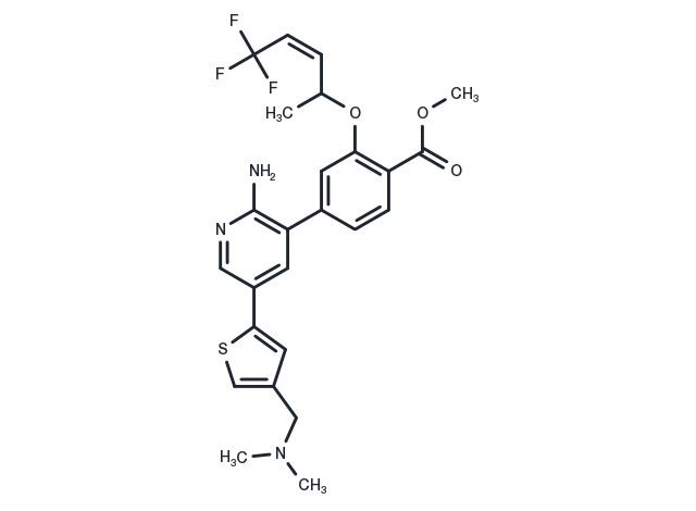 methyl (Z)-4-(2-amino-5-(4-((dimethylamino)methyl)thiophen-2-yl)pyridin-3-yl)-2-((5,5,5-trifluoropent-3-en-2-yl)oxy)benzoate Chemical Structure