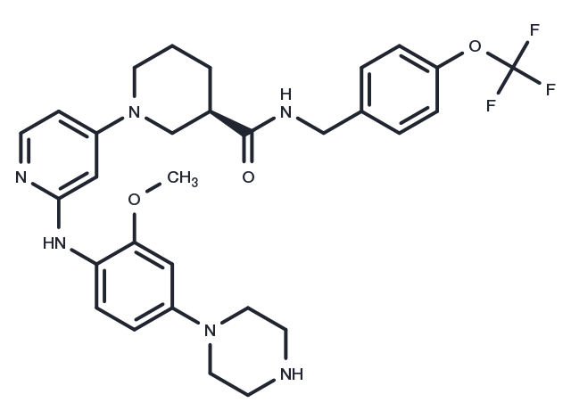 (R)-1-(2-((2-methoxy-4-(piperazin-1-yl)phenyl)amino)pyridin-4-yl)-N-(4-(trifluoromethoxy)benzyl)piperidine-3-carboxamide Chemical Structure