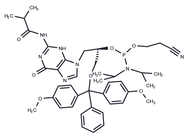2’-O-(2-Cyanoethoxy)   (diisopropylamino)phosphino-3’-O-(4,4’-dimethoxy triphenyl)methyl-N2-isobutyryl-(R)-9-(2,3-dihydroxypropyl)-guanine Chemical Structure