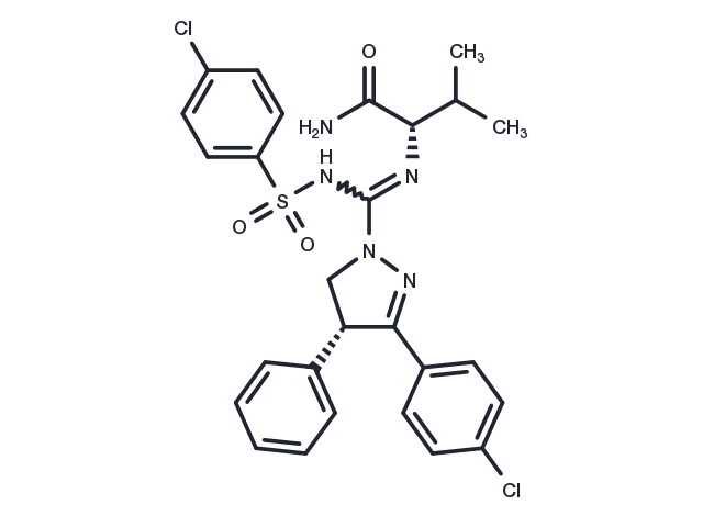 (S)-2-((R)-3-(4-chlorophenyl)-N’-((4-chlorophenyl)sulfonyl)-4-phenyl-4,5-dihydro-1H-pyrazole-1-carboximidamido)-3-methylbutanamide Chemical Structure