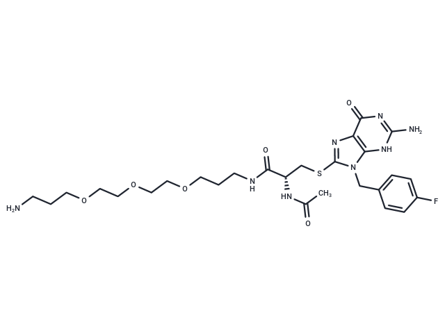 FBnG-(Cys-acetamide)-CH2-PEG3-CH2-CH2-CH2-NH2 Chemical Structure
