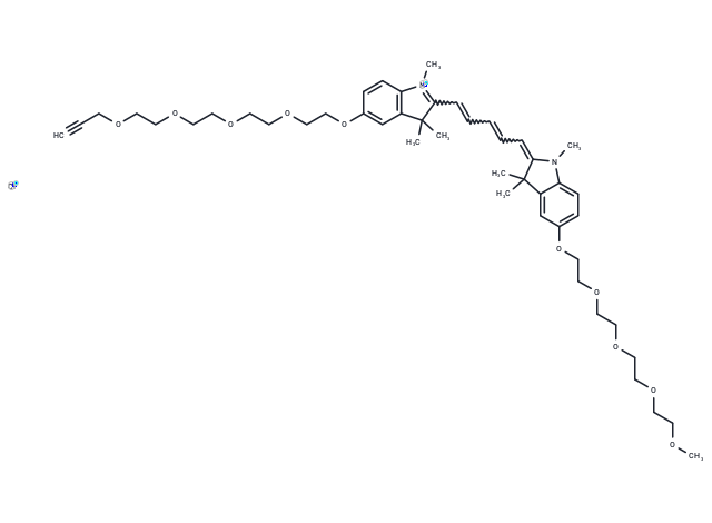 N-methyl-N'-methyl-O-(m-PEG4)-O'-(propargyl-PEG4)-Cy5 Chemical Structure