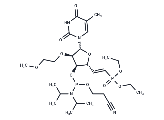 1-[(5E)-3-O-[(Bis-di-isopropyl   amino)(2-cyanoethoxy) phosphino]-5,6-dideoxy-6-(diethoxyphosphinyl)-2-O-(2-methoxyethyl)-β-D-ribo-hex-5-enofuranosyl]-5-methyluracil Chemical Structure