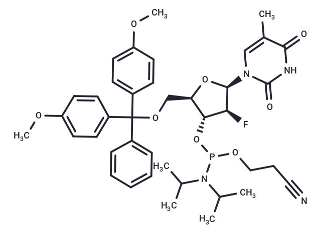 1-(2'-Deoxy-5'-O-DMT-2'-fluoro-b-D-arabinofuranosyl)thymine 3'-CE phosphoramidite Chemical Structure